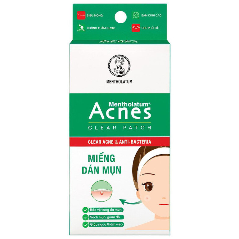 Miếng dán mụn Acnes bắt tone với màu xanh lá kết hợp với màu trắng làm chủ đạo cho hộp sản phẩm.