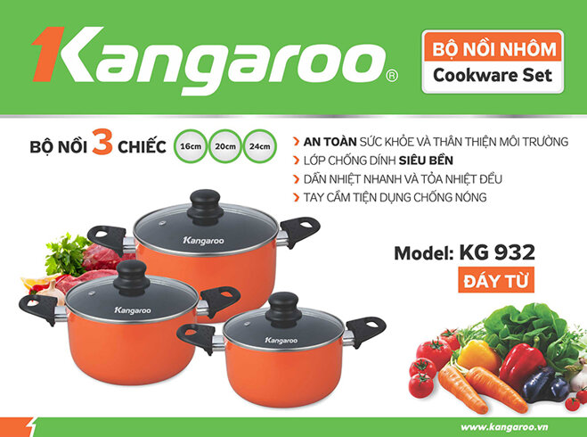 Bộ 3 nồi nhôm chống dính đáy từ Kangaroo KG932 