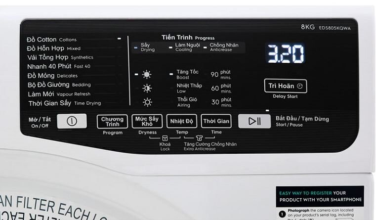 Chuc nang hen gio tren may say quan ao Electrolux EDS805KQWA