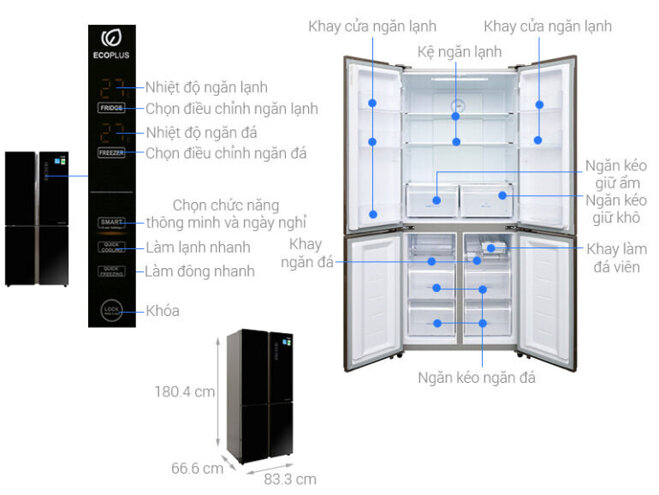 Tủ lạnh Aqua 4 cánh với thiết kế điều khiển ngoài cánh cửa hiện đại