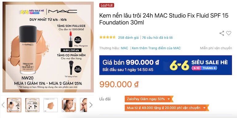 Kem nền lâu trôi 24h MAC Studio Fix Fluid SPF 15 Foundation 30ml 990,000