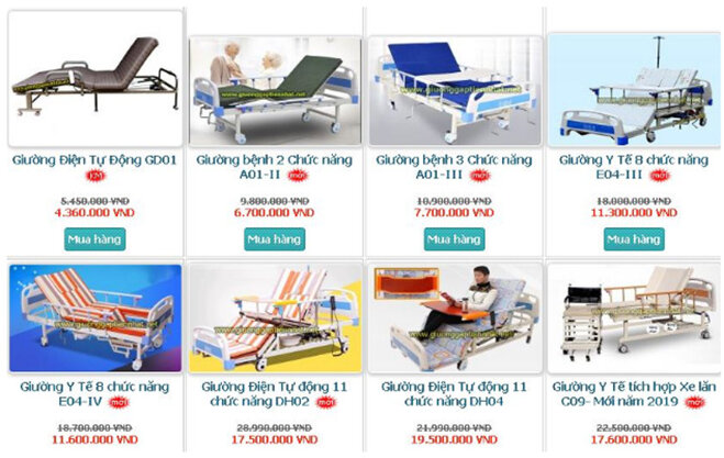 Giường điện tự động GD01, giường y tế 8 chức năng E04-IV, giường điện tự động 11 chức năng DH02, giường bệnh 3 chức năng A01-III, giường y tế 8 chức năng E04-III, giường điện tự động 11 chức năng DH04 và giường điện y tế tích hợp xe năn C09 - mẫu mới nhất năm 2019.