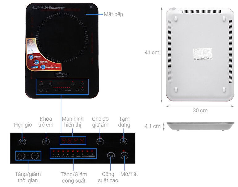 Bếp từ đơn Crystal LY-T39 có công suất 1800 – 2000W đáp ứng được nhu cầu nấu ăn cơ bản.