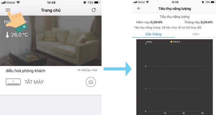 Đặc biệt với ứng dụng này người dùng có thể theo dõi được lượng điện tiêu thụ của máy để kiểm soát tiền điện hằng tháng rất tiện lợi