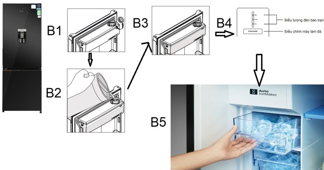 Hướng dẫn làm đá tự động trên tủ lạnh Electrolux 2 cánh EBB3762K-H và EBB3462K-H