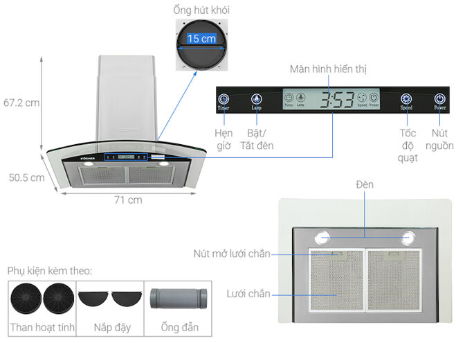 Thông số kỹ thuật máy hút mùi Kocher K-228S