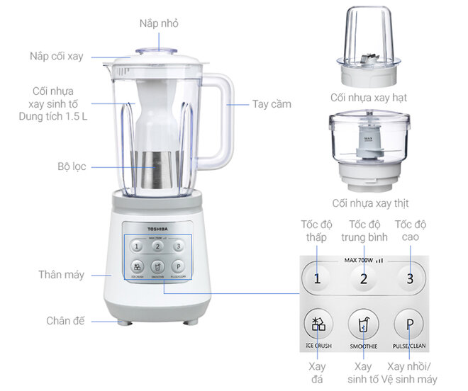 Máy xay sinh tố Toshiba bl-70pr2nv có chức năng xay sinh tố, xay hạt, xay thịt, lọc nước trái cây, xay đá cho người dùng nấu ăn đa dạng và tiện lợi hơn.