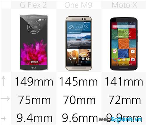 Kích thước của G Flex 2, One M9 và Moto X