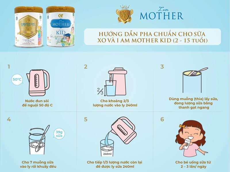 Cách pha sữa XO Kid GT 800g cho trẻ 2-15 tuổi