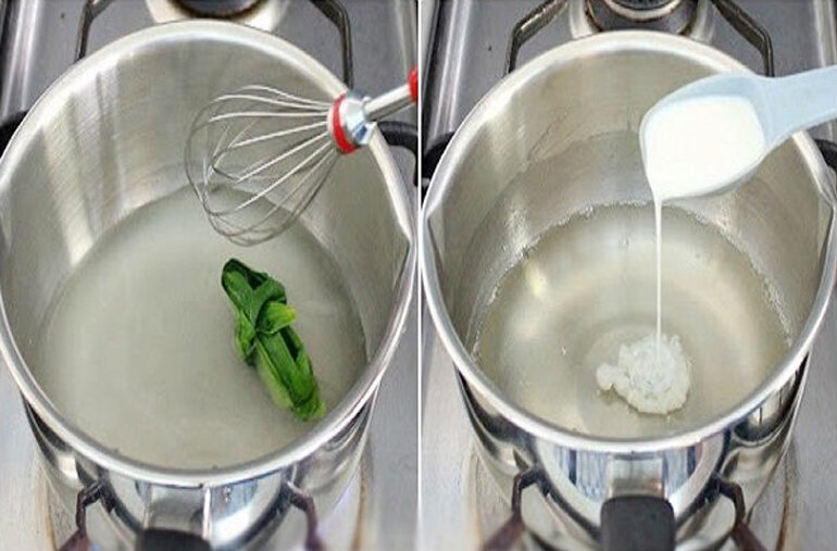 Bước 1 - Làm vỏ bánh: hòa tan các nguyên liệu đã chuẩn bị để làm vỏ bánh ở trên (gồm nước, đường, lá dứa, bột rau câu) vào một cái nồi rồi đun hỗn hợp trên bếp với lửa vừa phải. Khi hỗn hợp này sôi thì vớt bỏ lá dứa ra