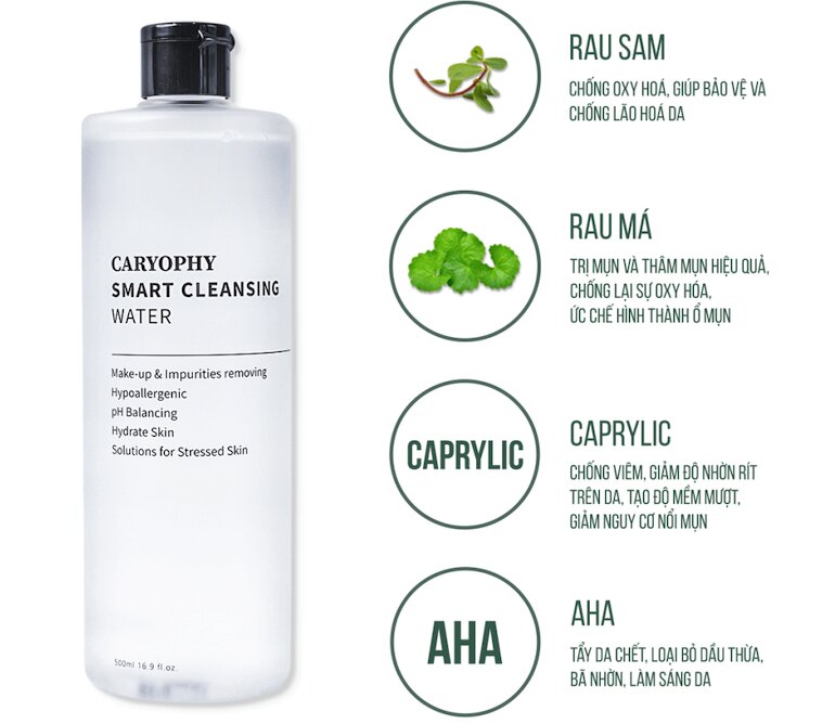 Nước tẩy trang Caryophy nổi tiếng là được sở hữu bảng thành phần lành tính, sạch