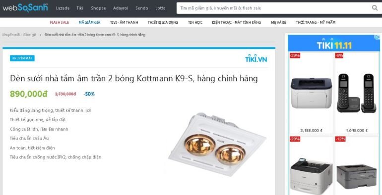 Đèn sưởi nhà tắm âm trần 2 bóng Kottmann K9-S hàng chính hãng giá giảm 50% chỉ còn 890.000 vnđ