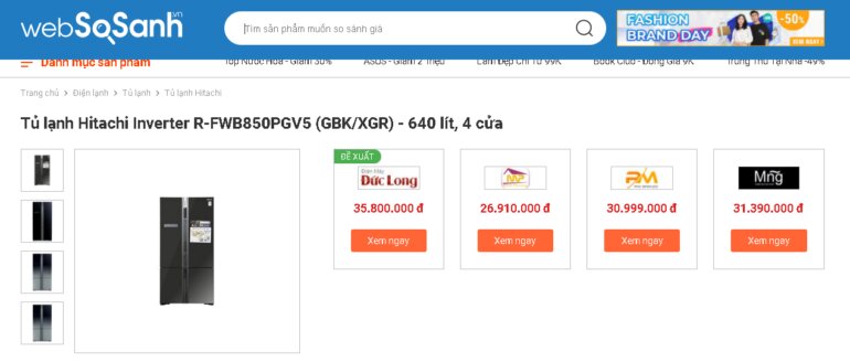 Giá tủ lạnh Hitachi inverter 640 Lít 4 cửa R-FWB850PGV5(GBK) không quá đắt