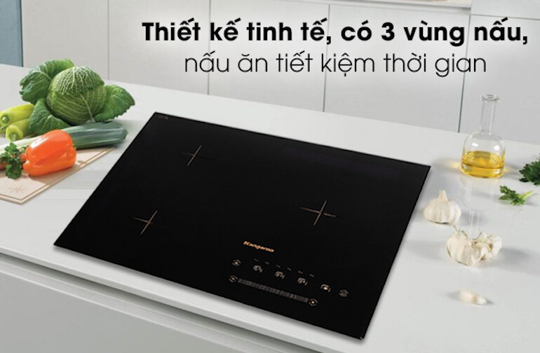 Bếp âm Kangaroo KG836i có thiết kế tinh tế với 3 vùng nấu giúp nấu ăn tiết kiệm thời gian.