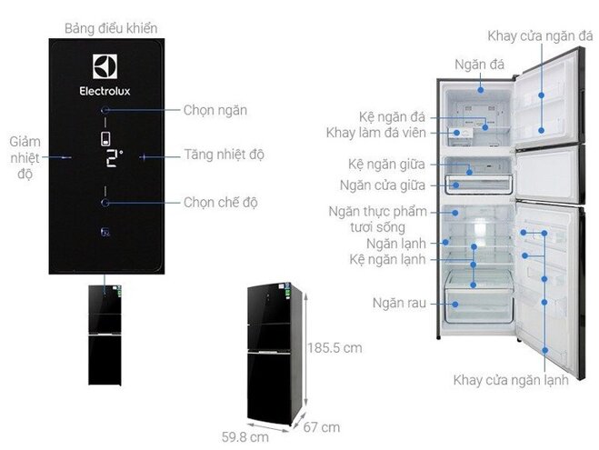 Ngăn đá tủ lạnh 3 cánh Electrolux EME3700H-H 340l nằm ở trên