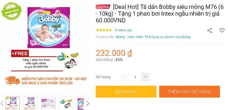 [Deal Hot] Tã dán Bobby siêu mỏng M76 (6 - 10kg) - Tặng 1 phao bơi Intex ngẫu nhiên trị giá 60.000VND