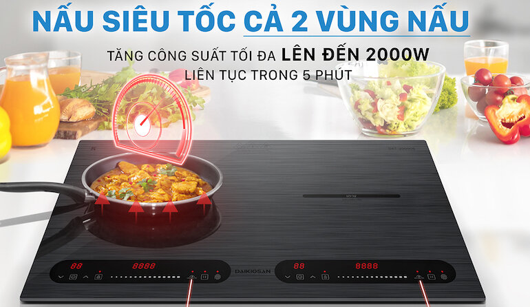 Bếp âm Daikiosan DKT-200006 thiết kế lắp âm sang trọng và tiết kiệm được không gian căn bếp với 2 vùng nấu 2 món cùng lúc.