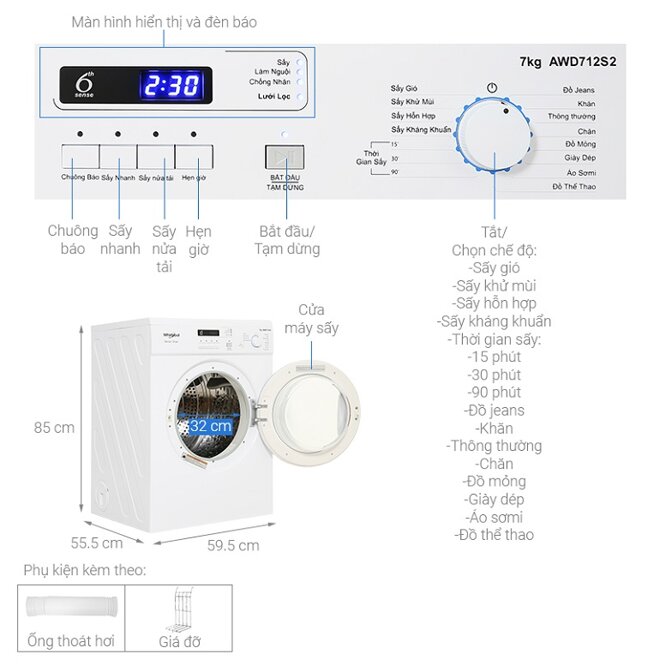 máy sấy thông hơi Whirlpool 7 kg AWD712S2