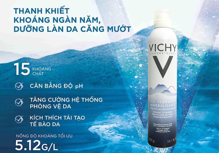 Nước xịt khoáng Vichy giúp làm dịu da, cải thiện tình trạng mụn.