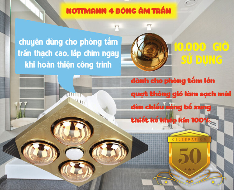 Tuổi thọ bóng Đèn sưởi nhà tắm âm trần Heizen lên đến 10.000 giờ