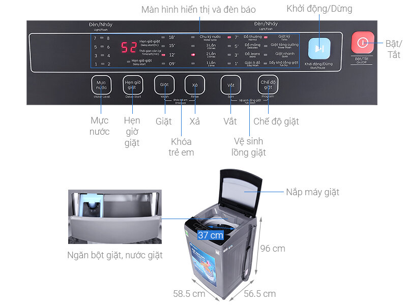 Máy giặt Casper 9.5 kg WT-95N68BGA giặt sạch mạnh mẽ, tiết kiệm điện nước