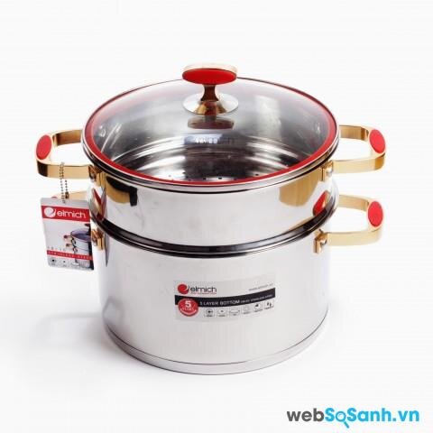 Nồi hấp Elmich 2355585 có thiết kế khá sang trọng đẹp mắt nhờ chất liệu inox cao cấp, sáng bóng