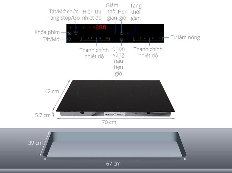 Kích thước của bếp hồng ngoại đôi Electrolux EHC7240BA là 700 x 420 x 57mm