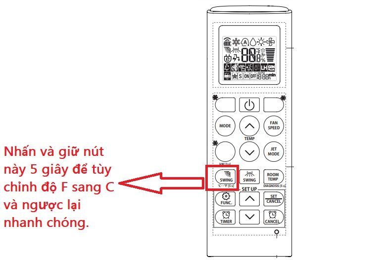 Sử dụng tùy chọn chuyển đổi °C/°F ngay trên điều khiển điều hòa LG