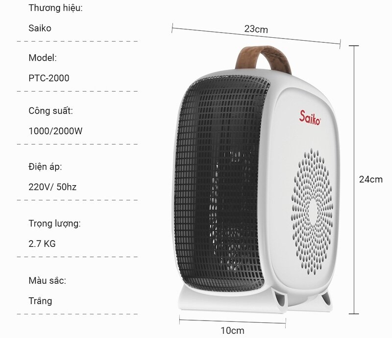 Thông số kỹ thuật máy sưởi mini Saiko PTC-2000 (2000W)