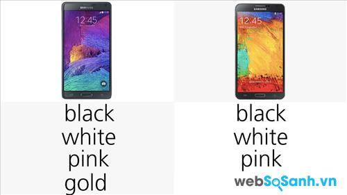 Galaxy Note 4 có 4 màu: đen, trắng, hồng và vàng; còn Galaxy Note 3 chỉ có 3 màu: đen, trắng, hồng