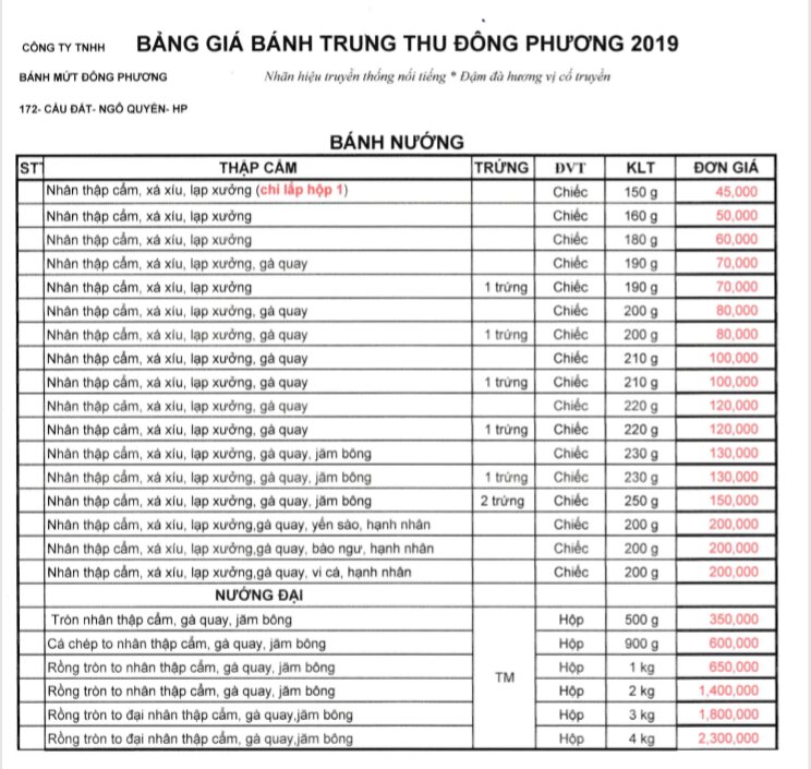 bảng giá bánh trung thu Đông Phương 2019