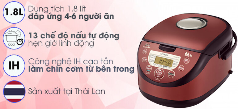 Nồi cơm điện tử Hitachi RZ-GHE18 có dung tích 1.8 lít nấu đủ cho 4 – 6 người.