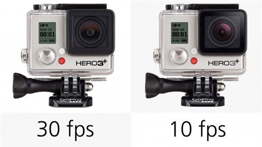 The GoPro Hero3+ Black shots stills at 30 fps, but the Silver is limited to 10 fps
