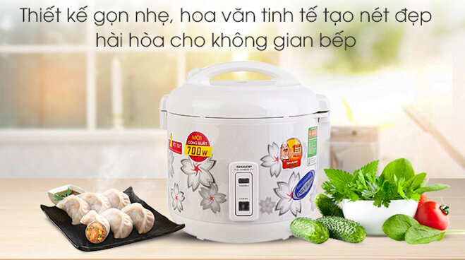 Nồi cơm điện Sharp 1.8L KS-N182ETV có gam màu trắng tươi sáng kết hợp cùng với hoa văn tinh tế.