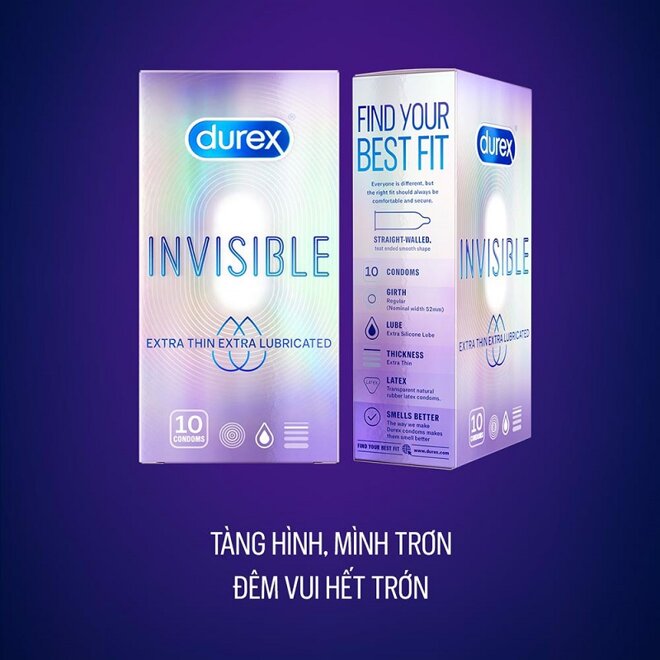  Bao Cao Su Durex Invisible Extra Thin, Extra Lubricated Hộp 10 Cái