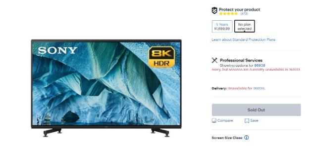 Theo trang giới thiệu sản phẩm của hệ thống bán lẻ Best Buy ở Mỹ, TV 8K của Sony đang nhận được phản ứng tốt từ thị trường. Hiện mẫu 85 inch MASTER Z9G độ phân giải 8K đã treo “Sold Out” – “hết hàng” – và không thể mua được nữa. Một đại diện Sony không tiết lộ doanh số nhưng cho biết nhu cầu vượt quá mong đợi ban đầu. Đây là sản phẩm thuộc phân khúc siêu cao cấp, giá quy đổi tiền Việt là hơn 300 triệu đồng.