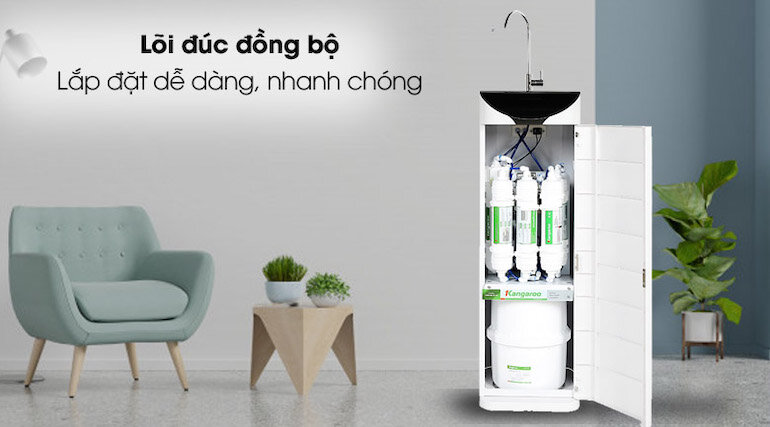 Máy lọc nước Kangaroo Hydrogen KG100ES1 được trang bị hệ thống 5 lõi lọc giúp loại bỏ tối đa bụi bẩn, kim loại.