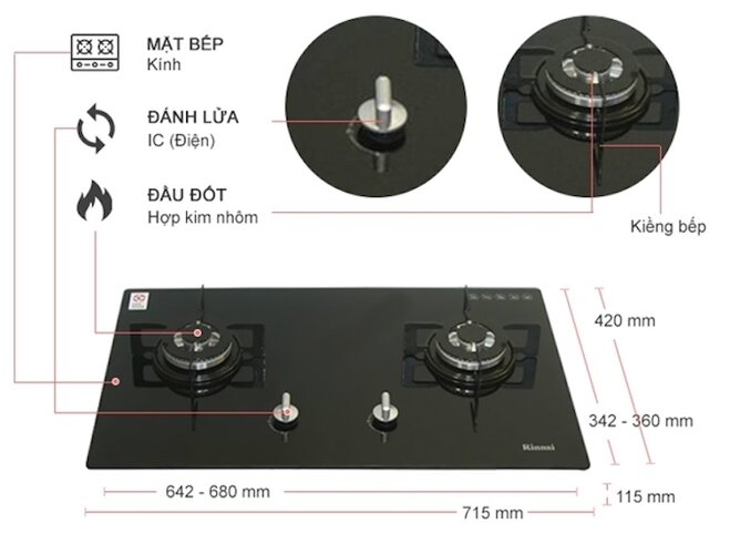 Bếp gas âm Rinnai RVB-212BG sang trọng, an toàn và tiết kiệm gas