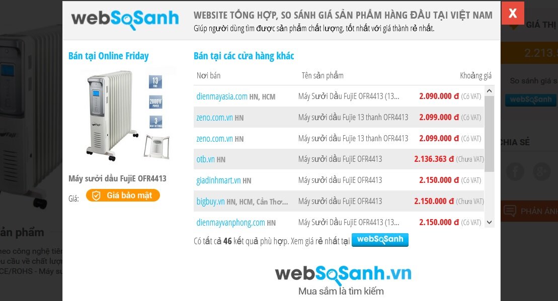 Giao diện của công cụ websosanh trên trang onlinefriday.vn
