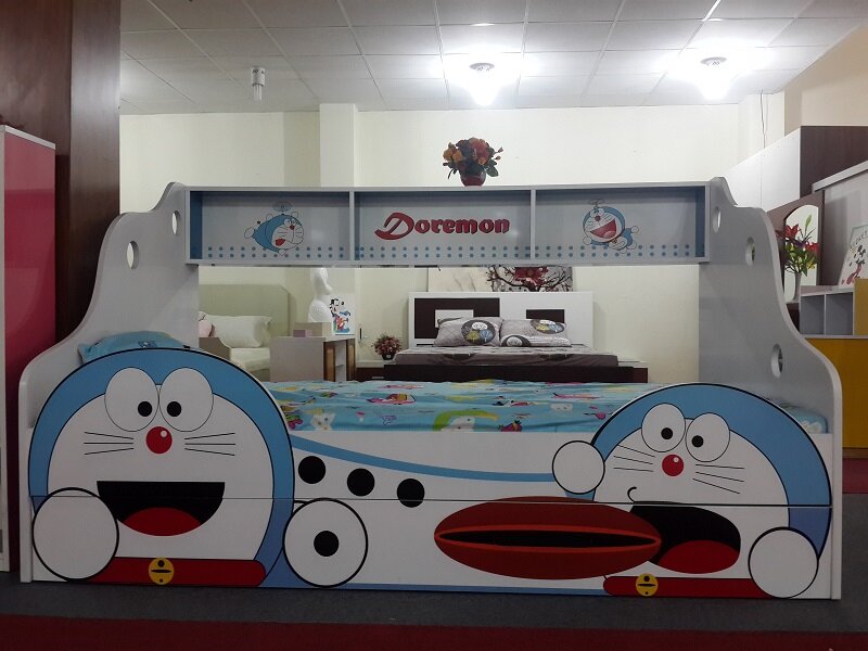 Giường tầng lùn hình Doraemon với thiết kế dễ thương và trung tính