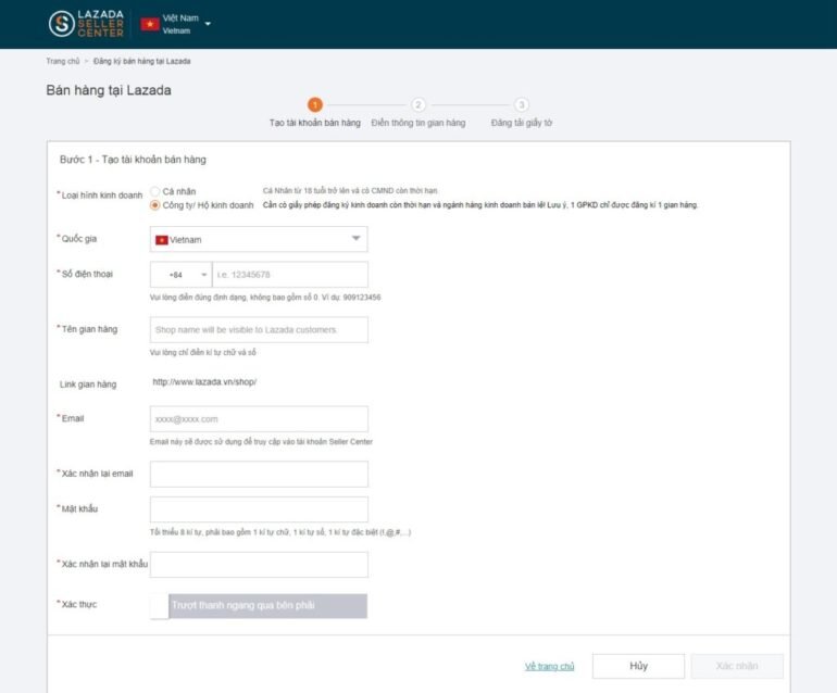 Tạo tài khoản bán hàng trên Lazada
