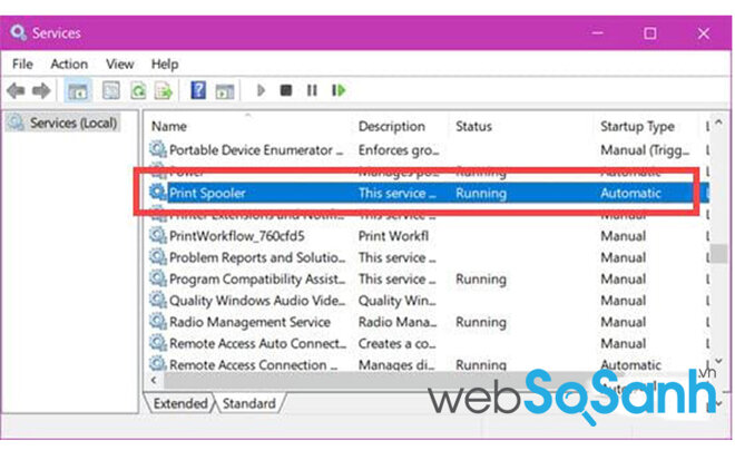 Tại đây bạn kéo xuống dưới tìm phần có tên là Print Spooler, đây chính là tiến trình có liên quan đến máy in của chúng ta.