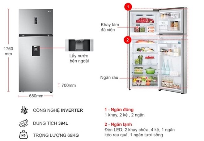 Đánh giá chi tiết tủ lạnh LG Inverter 394 lít GN-D392PSA