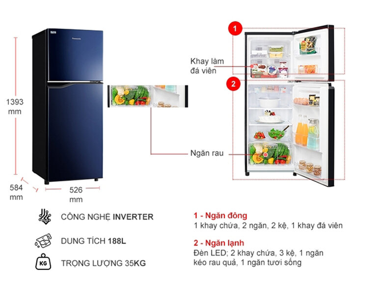 Tủ Lạnh Panasonic 2 Cánh Inverter 188 Lít NR-BA229PAVN