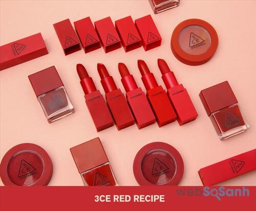 Bảng màu với 5 tone son đỏ quyến rũ của 3CE Red Recipe đã 