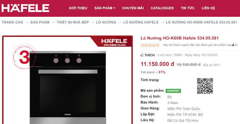 Lò nướng Hafele HO-K60B (534.05.581) đang được sale 31% tại website chính thức của Hafele 