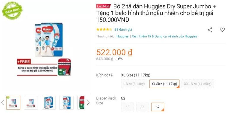 Bộ 2 tã dán Huggies Dry Super Jumbo + Tặng 1 balo hình thú ngẫu nhiên cho bé trị giá 150.000VND