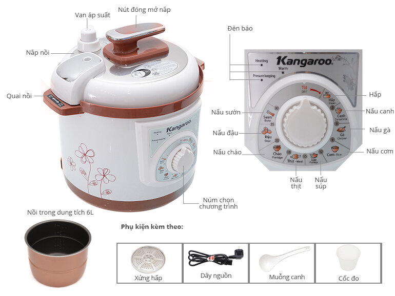 Nồi áp suất điện Kangaroo KG136 có dung tích 5 lít phù hợp nấu ăn cho gia đình có từ 5 – 7 người ăn.