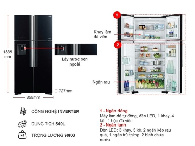 Tủ lạnh 4 cánh lấy nước ngoài Hitachi R-FW690PGV7X (GBK) thiết ké đẹp, dung tích lớn