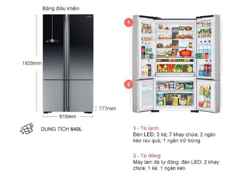 Kích thước tủ lạnh Hitachi inverter 640 Lít 4 cửa R-FWB850PGV5(GBK)